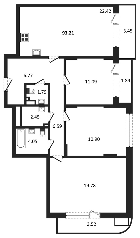 Планировка: 3-комн., 93,2 м²
