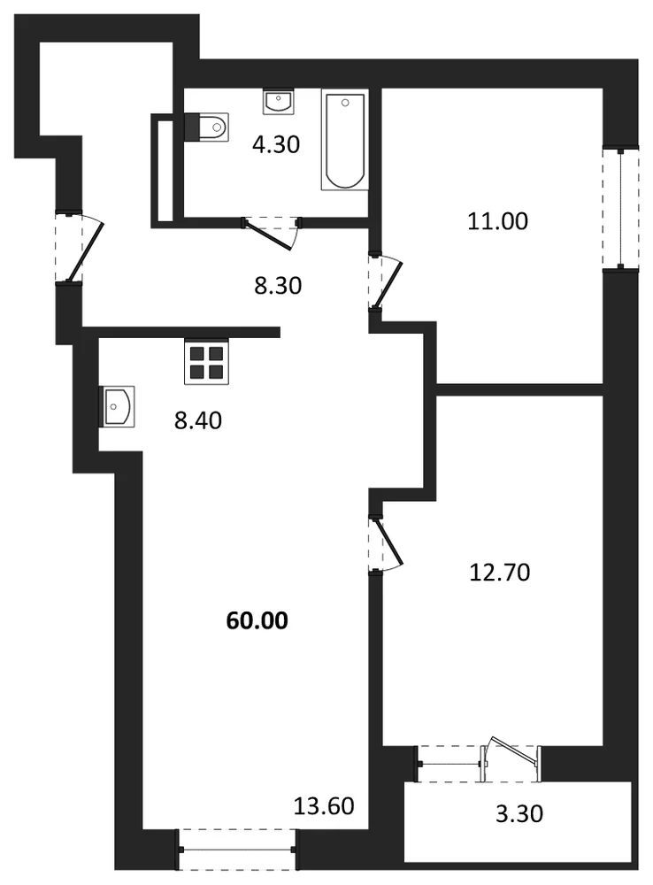 Планировка: 2-комн., 60 м²