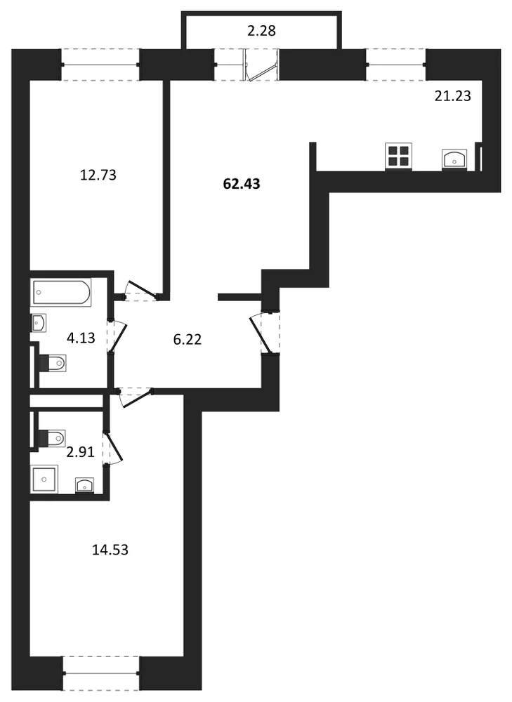 Планировка: 2-комн., 62,4 м²