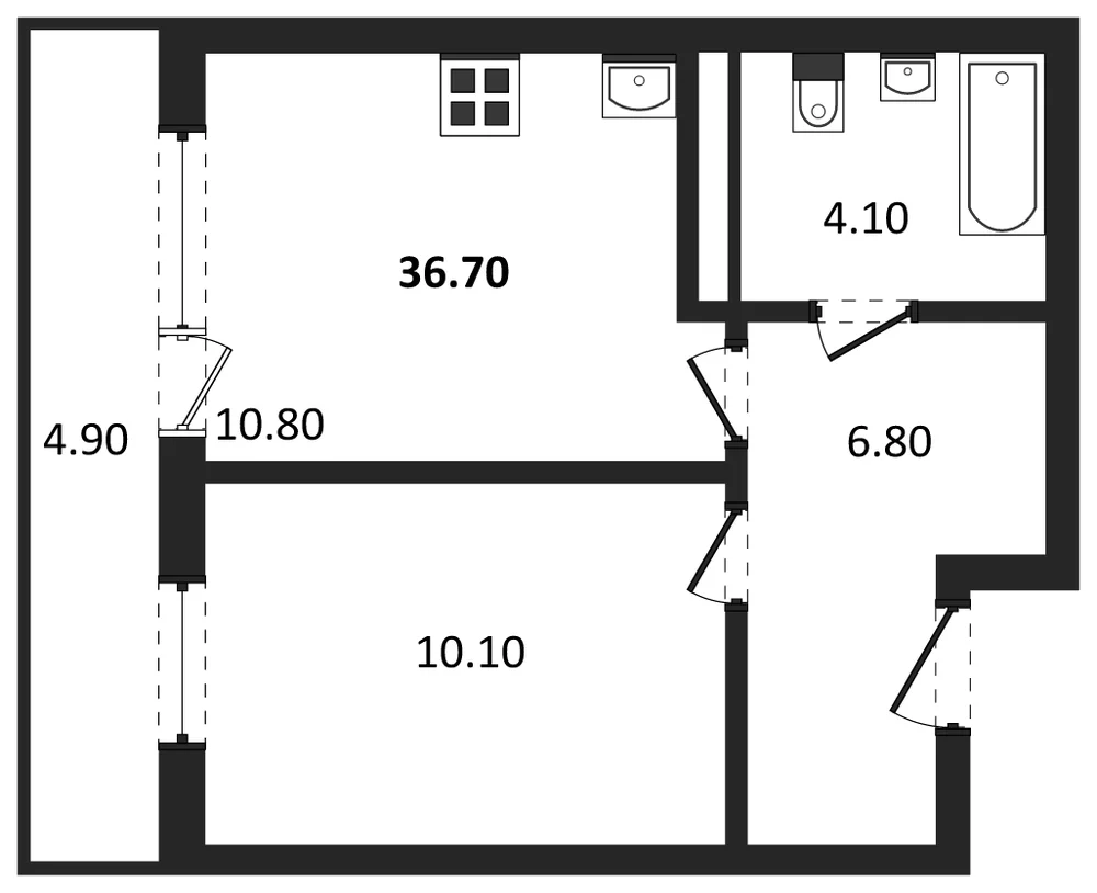 Планировка: 1-комн., 36,7 м²