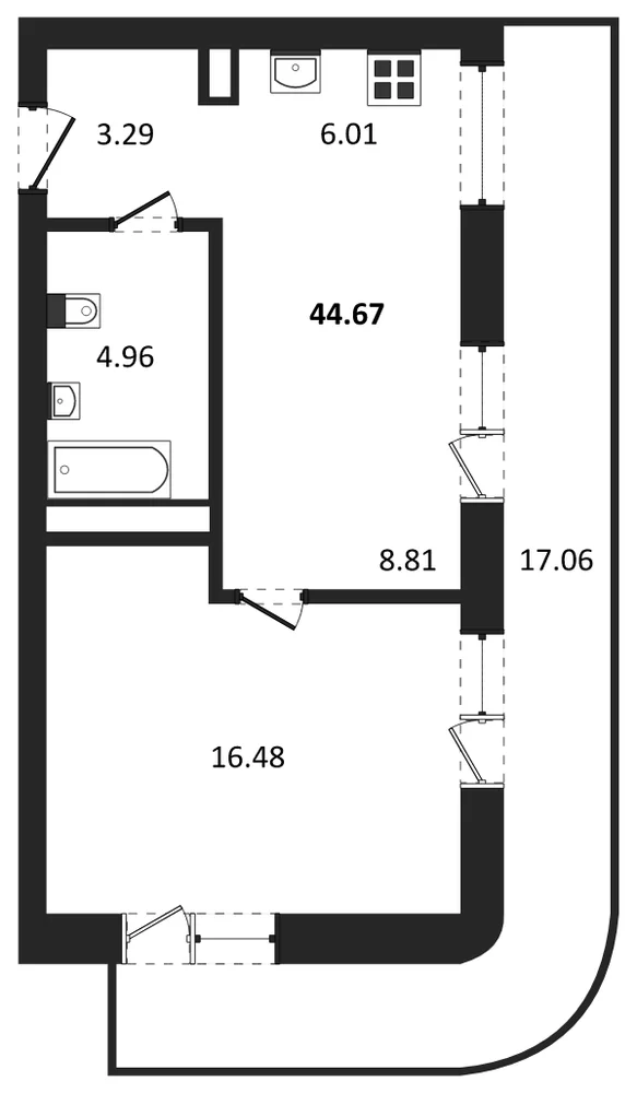Планировка: 1-комн., 44,7 м²