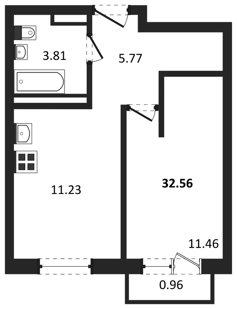 Планировка: 1-комн., 32,6 м²