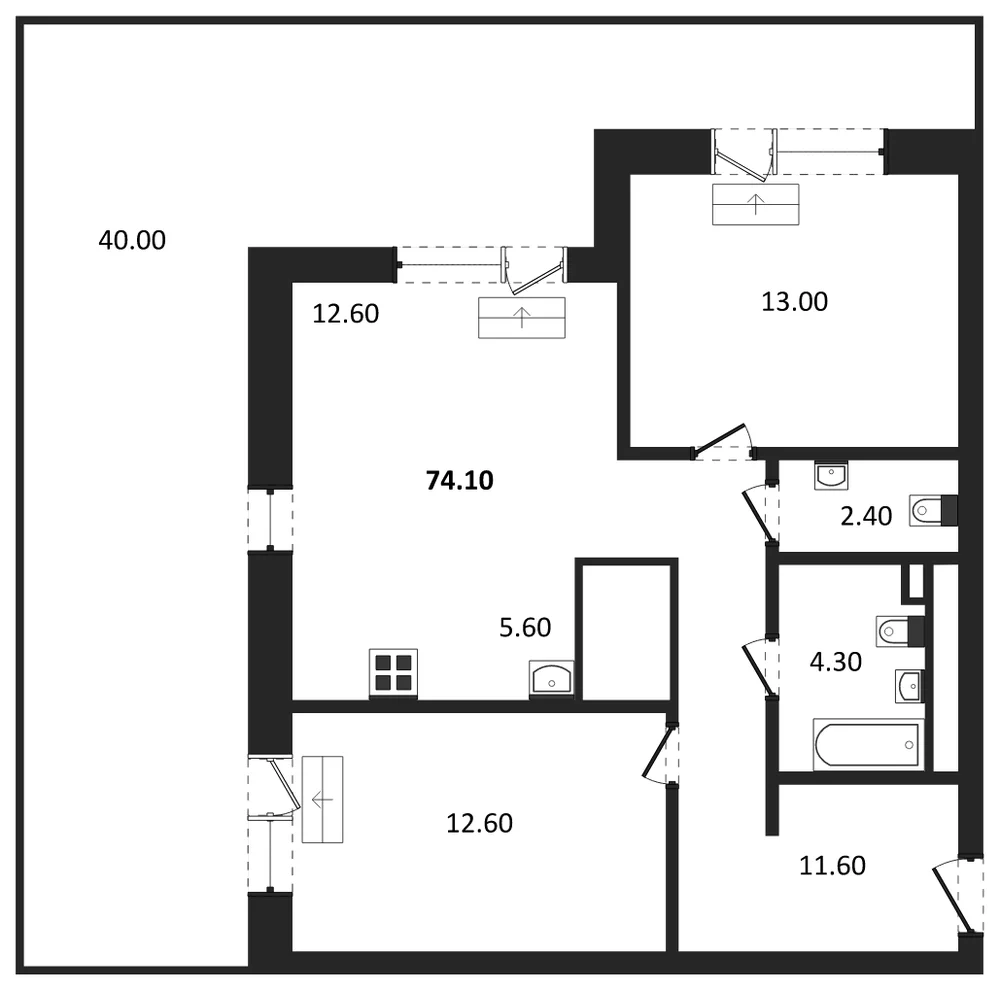 Планировка: 2-комн., 76,9 м²