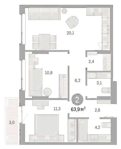 Планировка: 2-комн., 63,9 м²