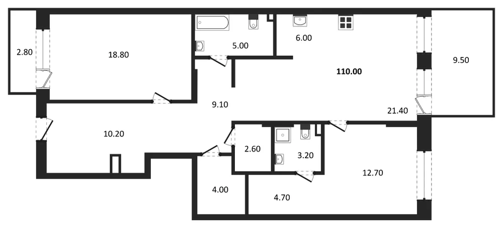 Планировка: 2-комн., 110 м²