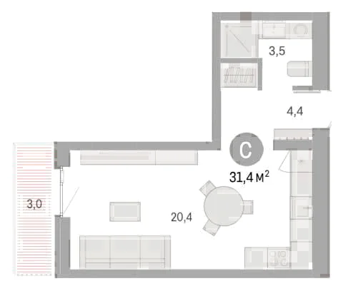 Планировка: Студия, 31,4 м²