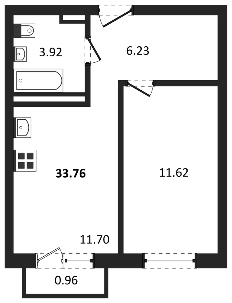 Планировка: 1-комн., 33,8 м²