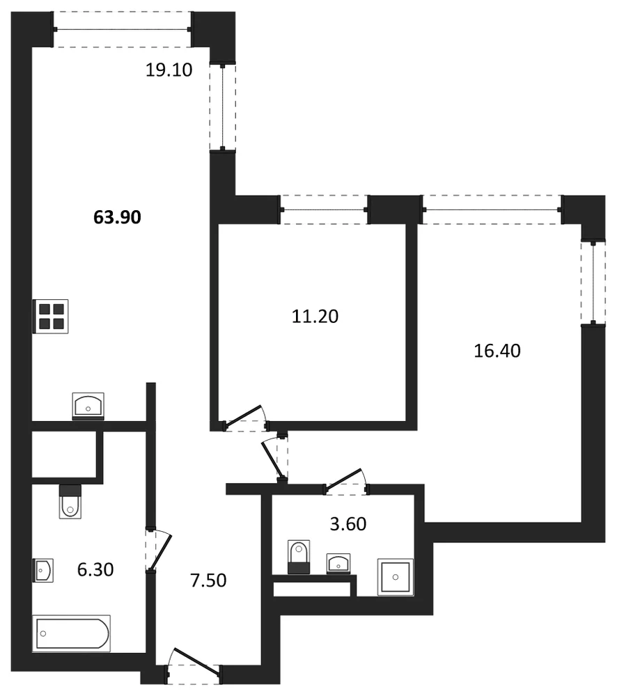 Планировка: 2-комн., 64 м²