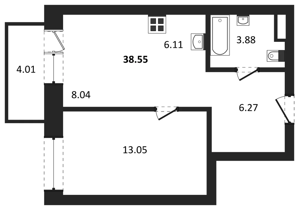 Планировка: 1-комн., 38,6 м²