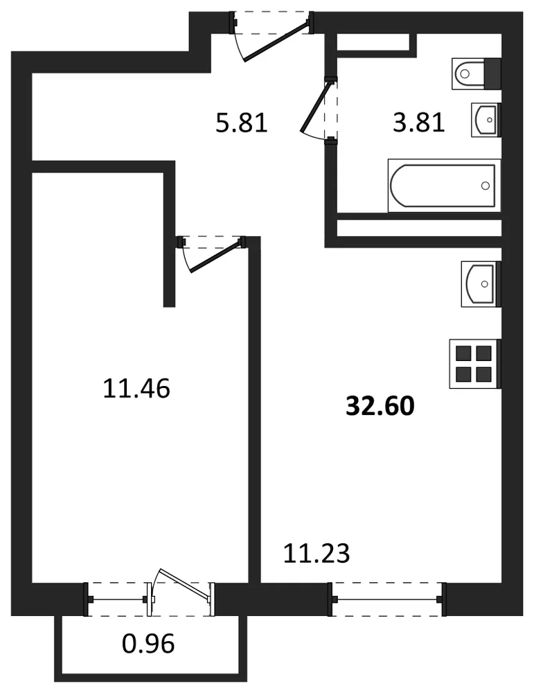 Планировка: 1-комн., 32,6 м²