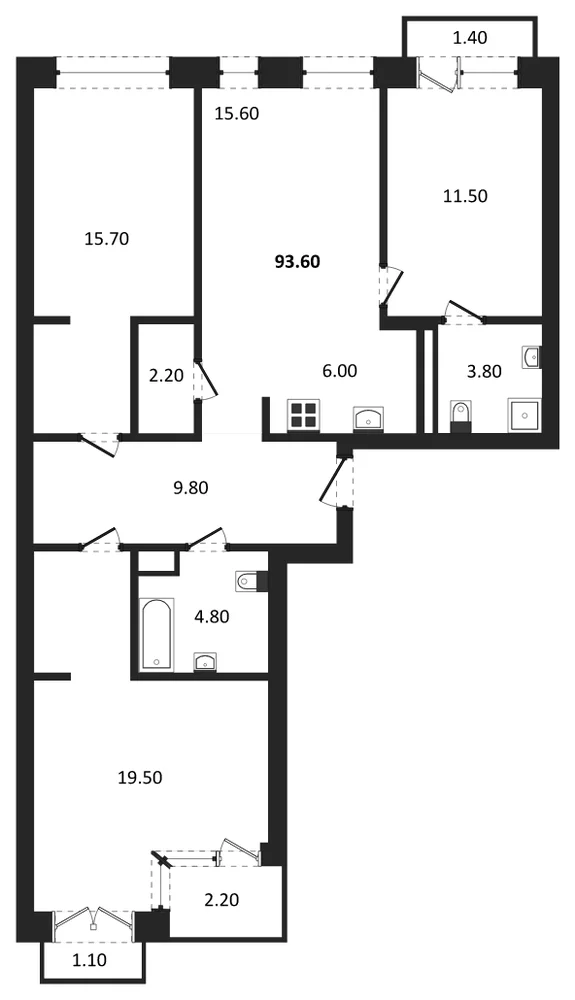 Планировка: 3-комн., 93,6 м²