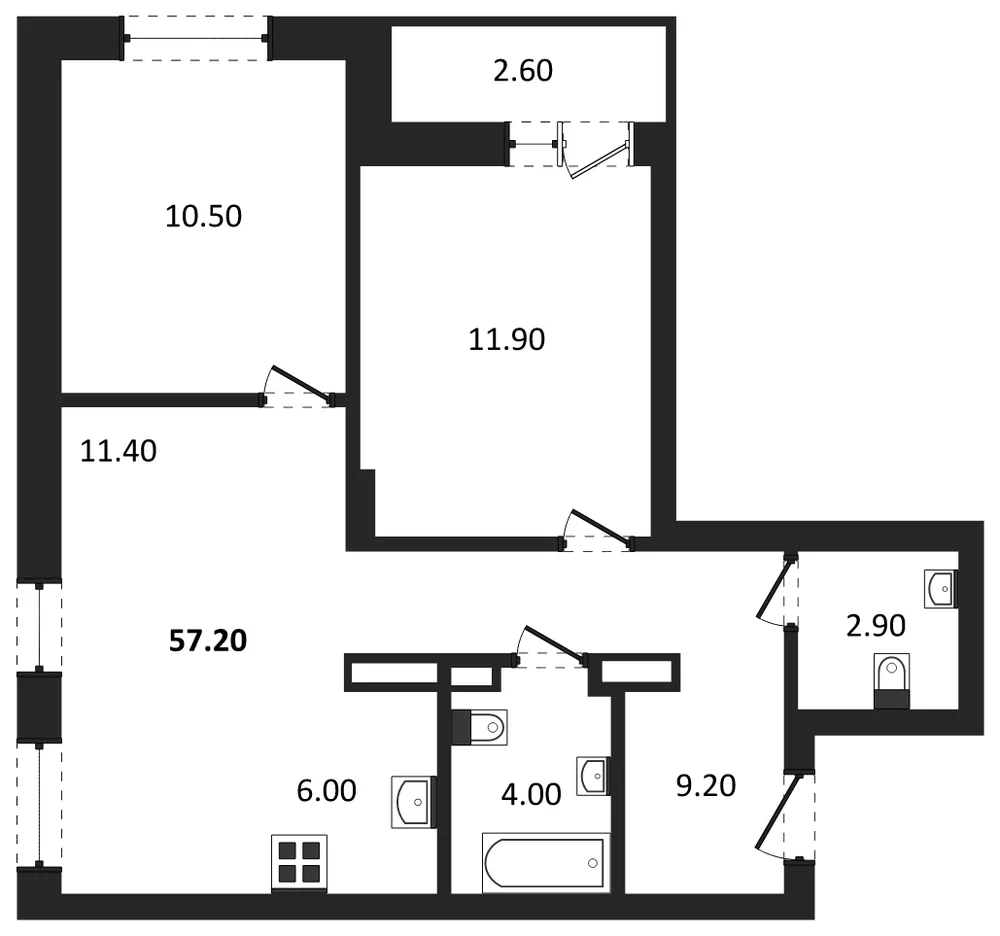 Планировка: 2-комн., 55,3 м²