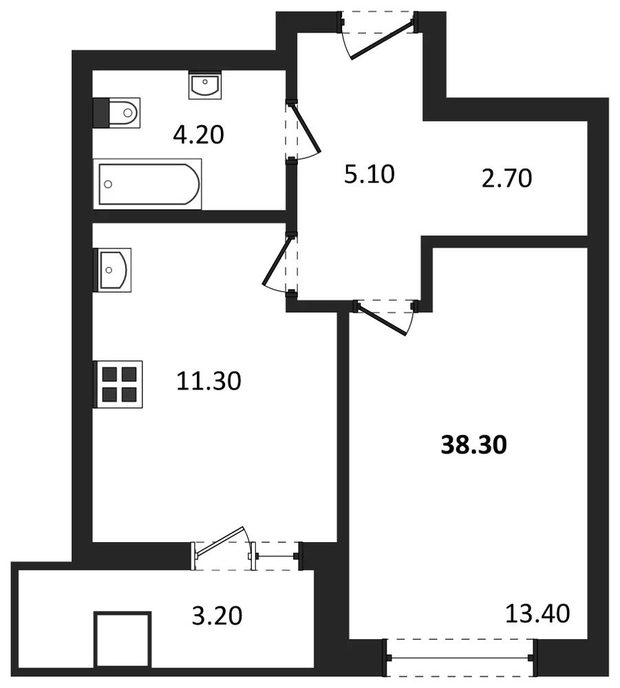 Планировка: 1-комн., 38,3 м²