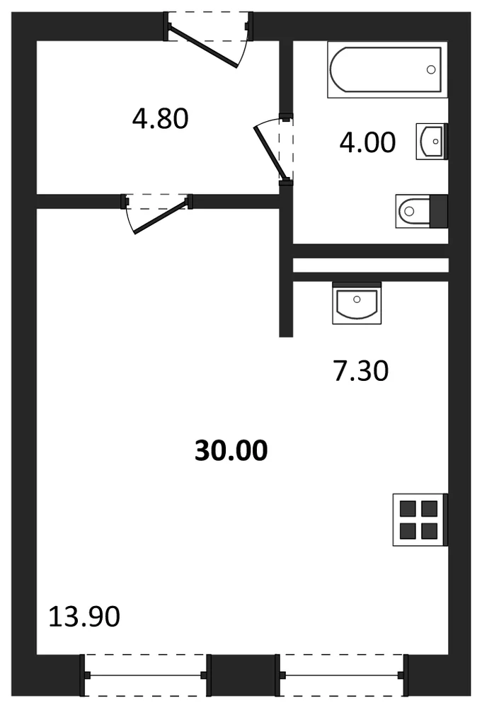 Планировка: Студия, 30 м²