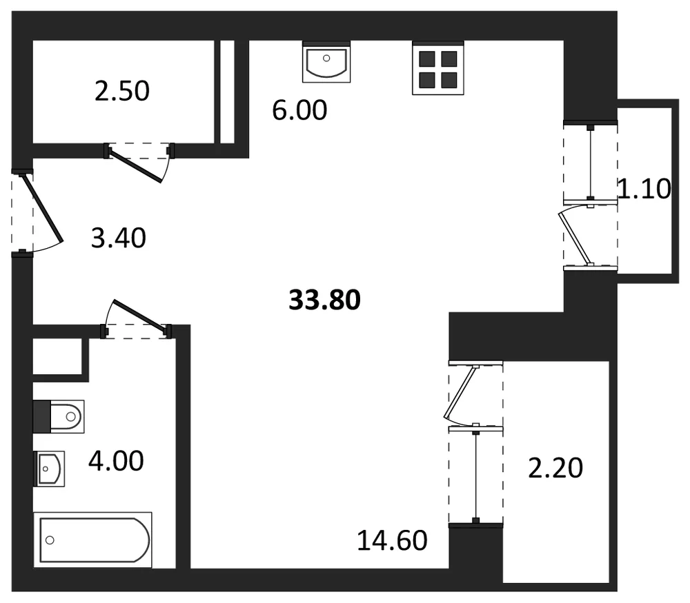 Планировка: Студия, 33,8 м²