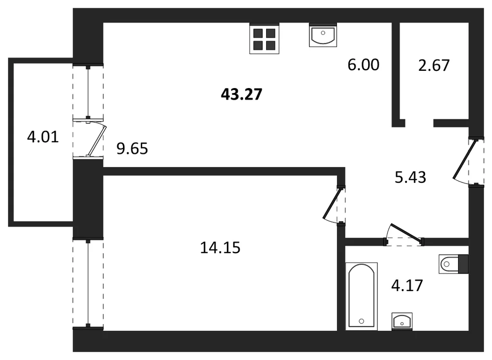 Планировка: 1-комн., 43,3 м²