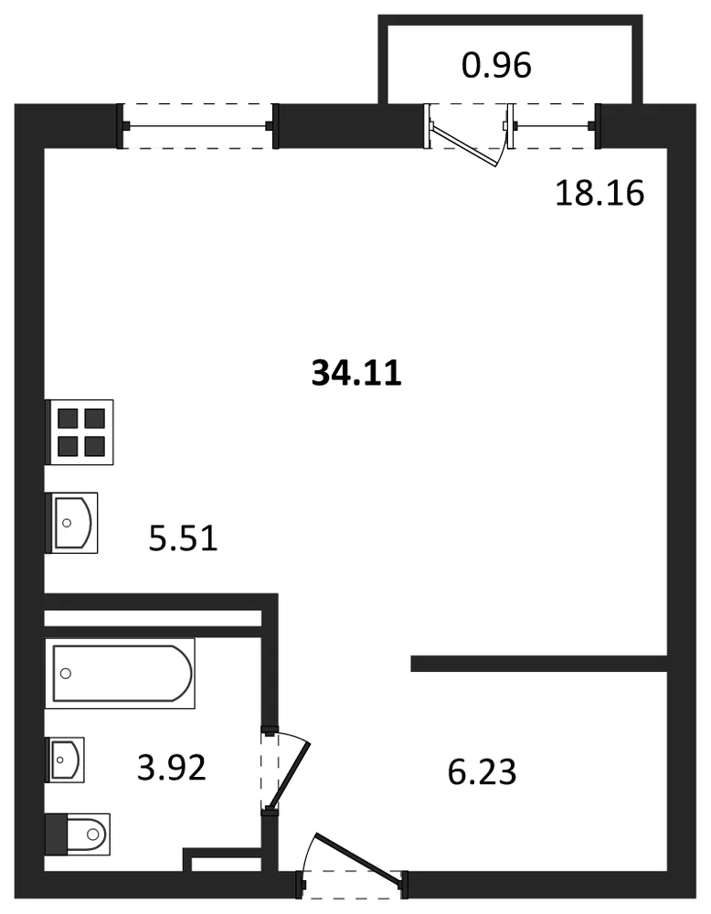 Планировка: Студия, 34,1 м²