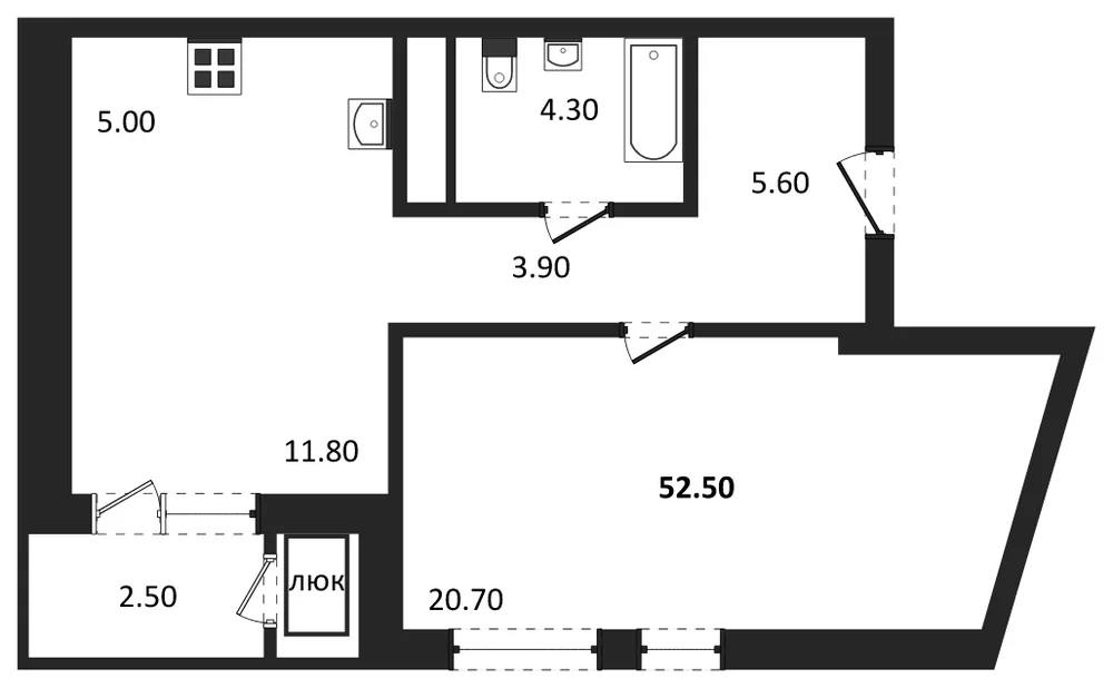 Планировка: 2-комн., 52,5 м²