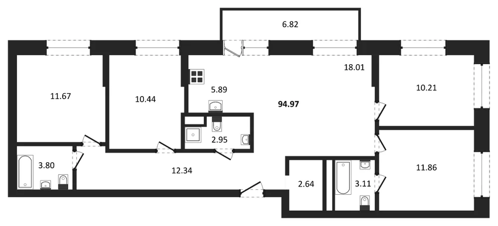 Планировка: 4-комн., 95 м²