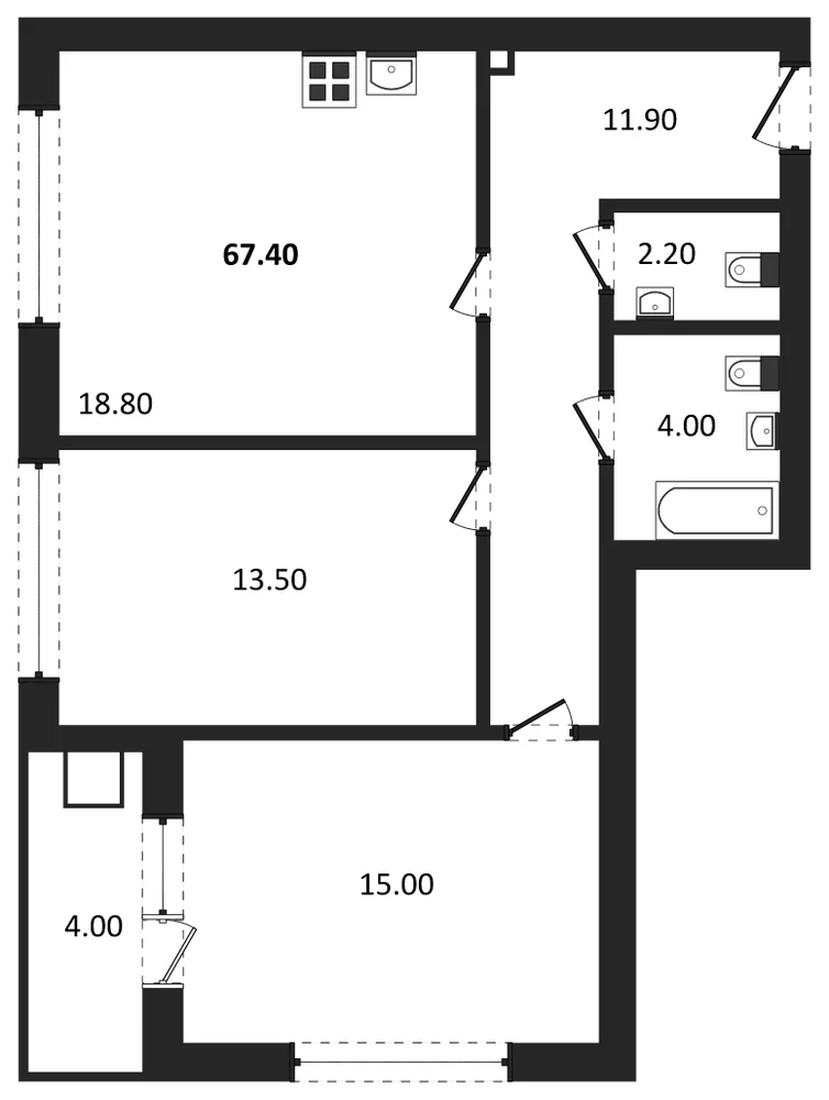 Планировка: 2-комн., 67,4 м²