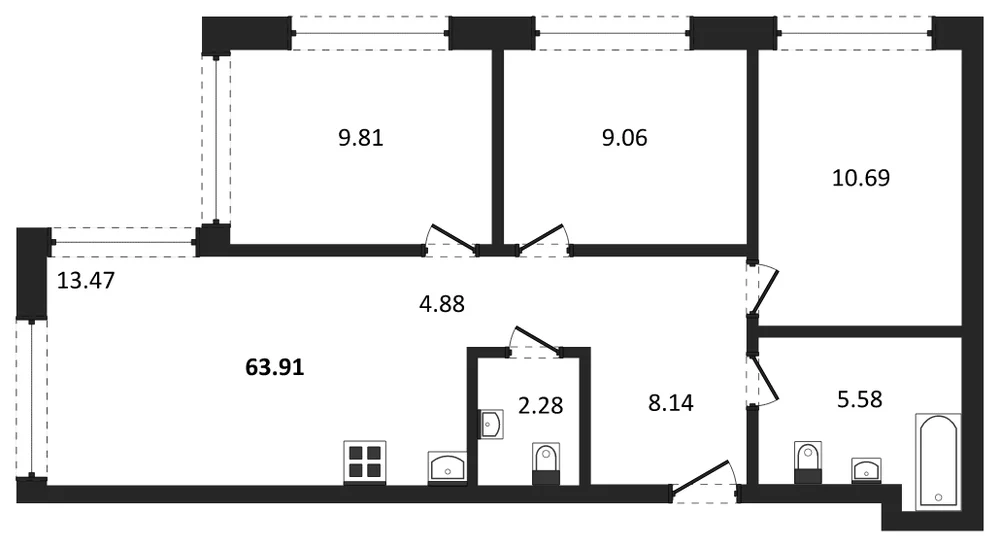 Планировка: 4-комн., 63,6 м²