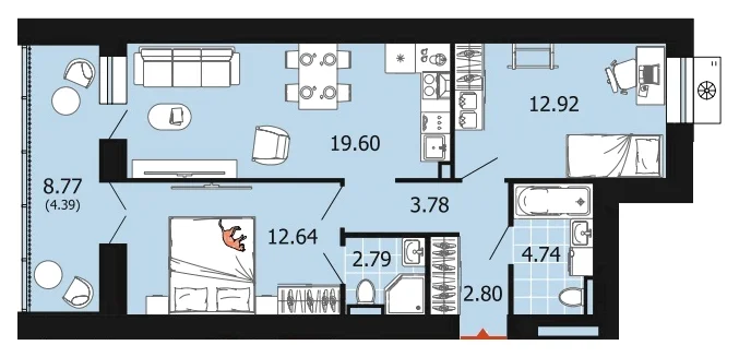 Планировка: 2-комн., 63,7 м²
