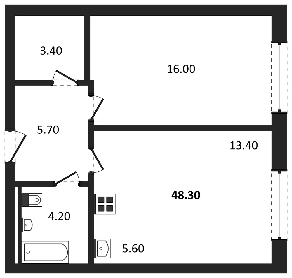 Планировка: 1-комн., 48,3 м²
