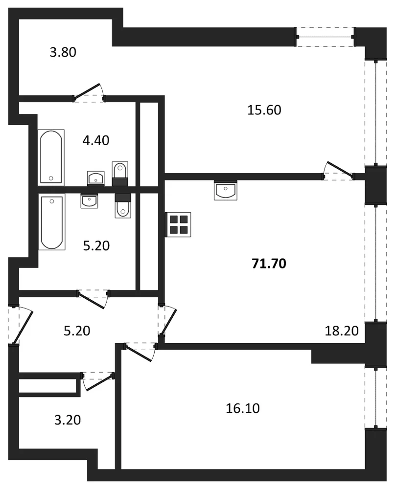 Планировка: 2-комн., 71,7 м²