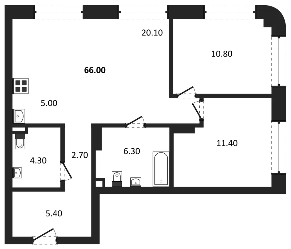 Планировка: 3-комн., 66 м²