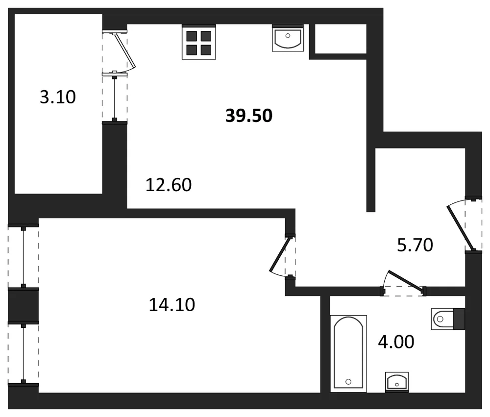 Планировка: 1-комн., 38 м²