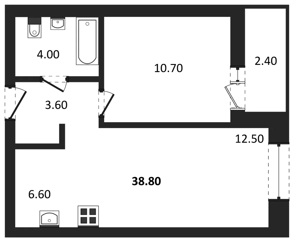 Планировка: 1-комн., 38,8 м²