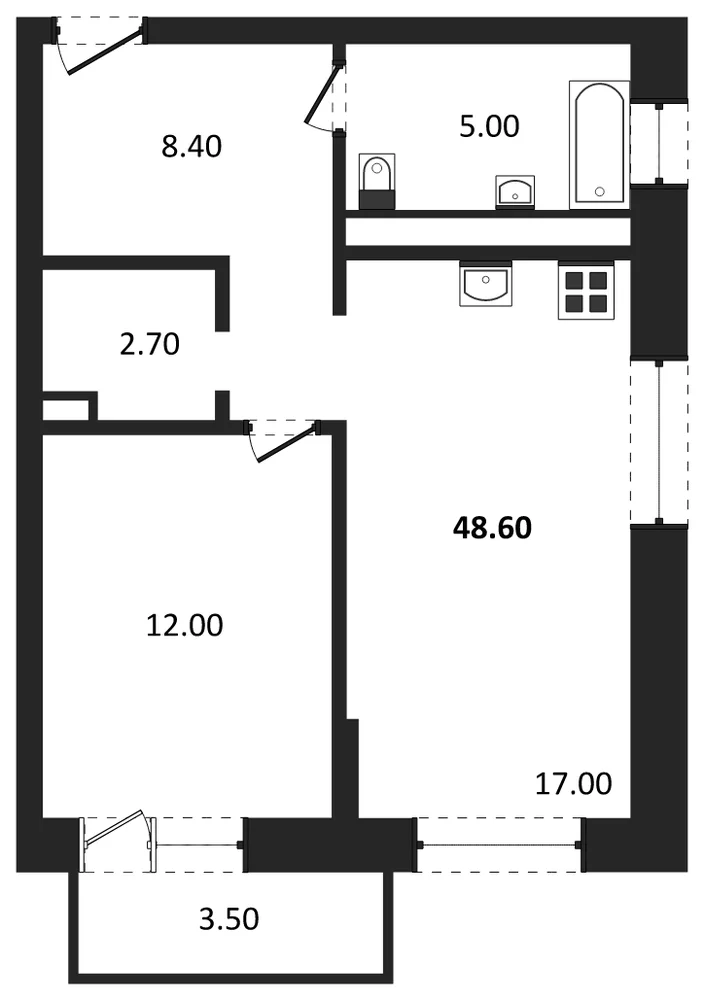 Планировка: 1-комн., 46,2 м²