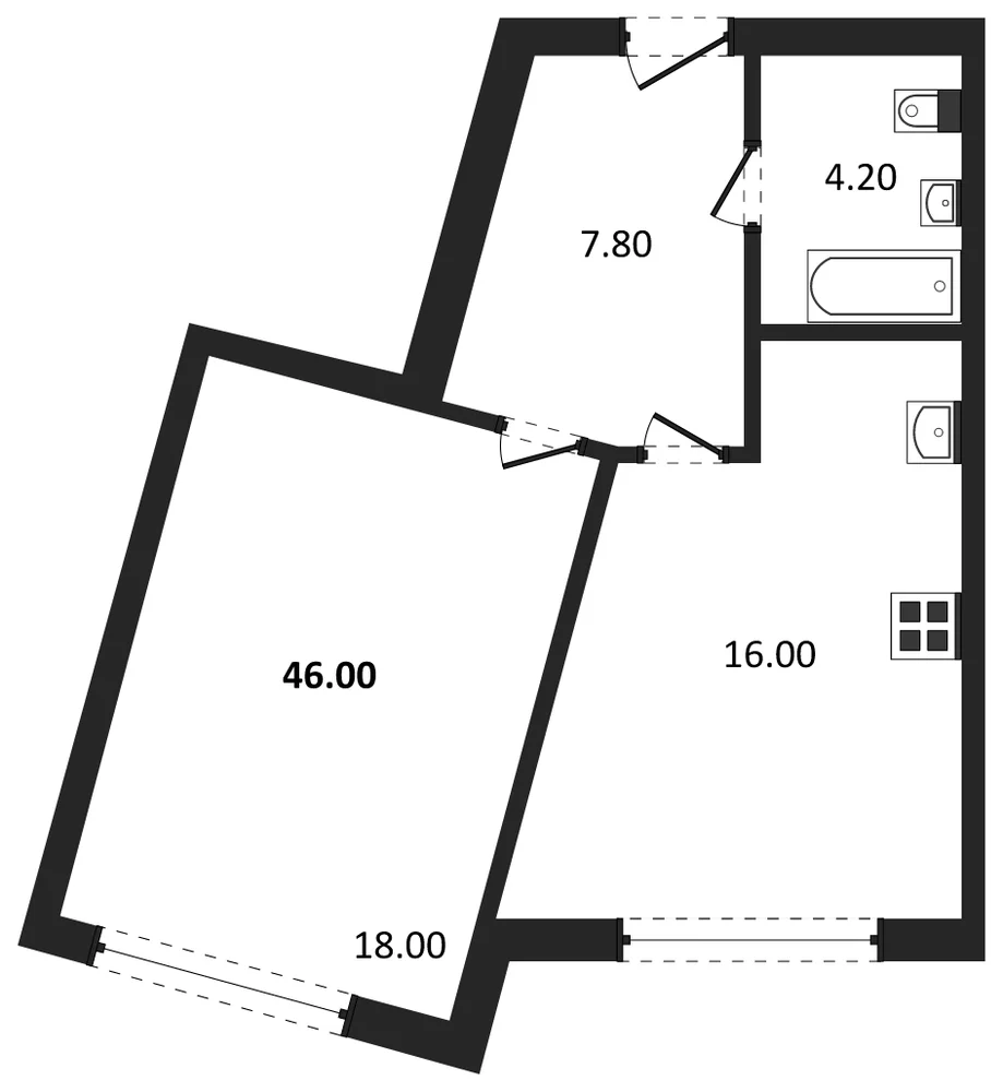 Планировка: 1-комн., 46 м²