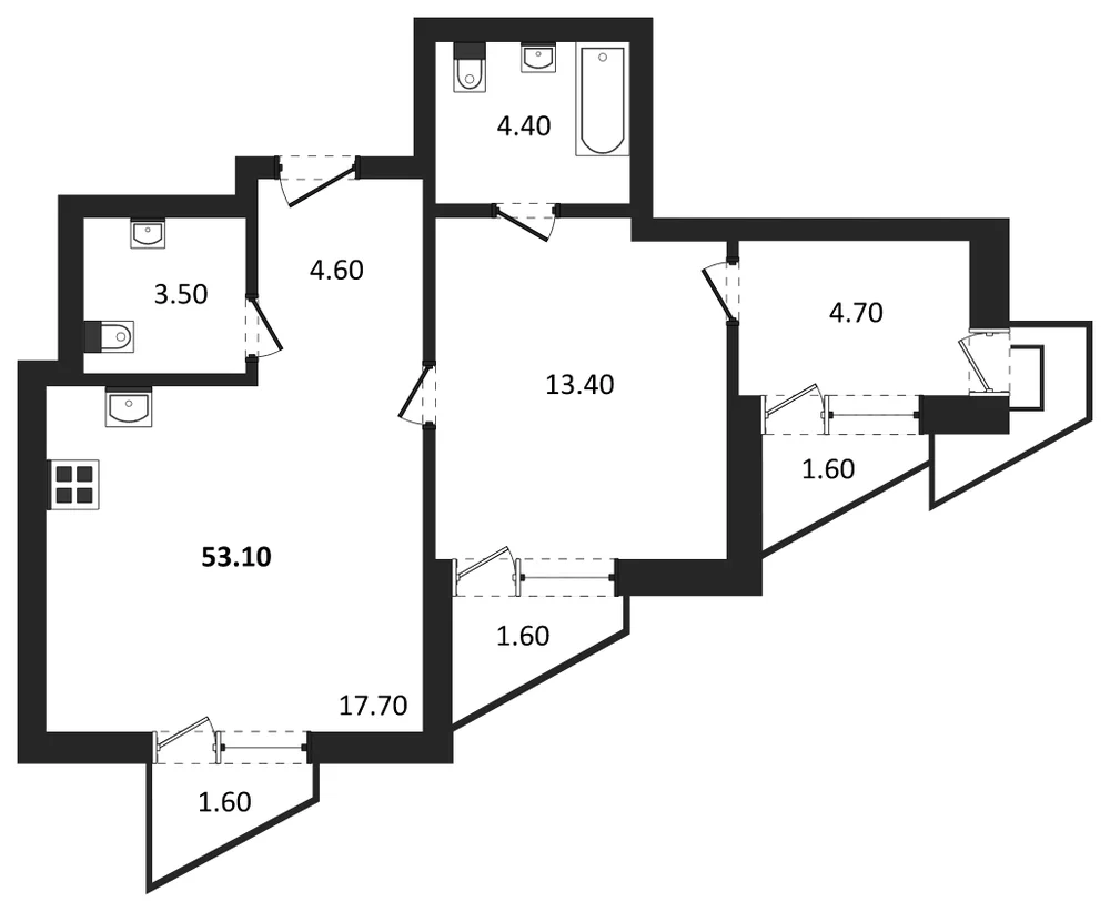 Планировка: 1-комн., 53,1 м²