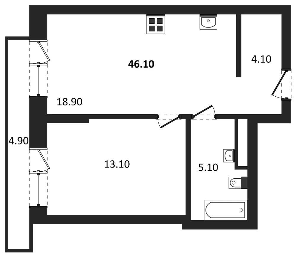 Планировка: 1-комн., 42,7 м²