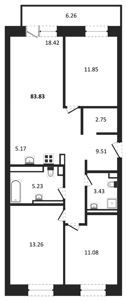 Планировка: 3-комн., 83,8 м²