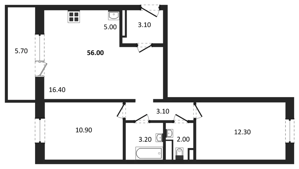 Планировка: 2-комн., 55,3 м²