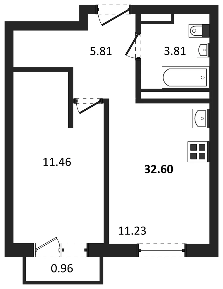 Планировка: 1-комн., 32,6 м²