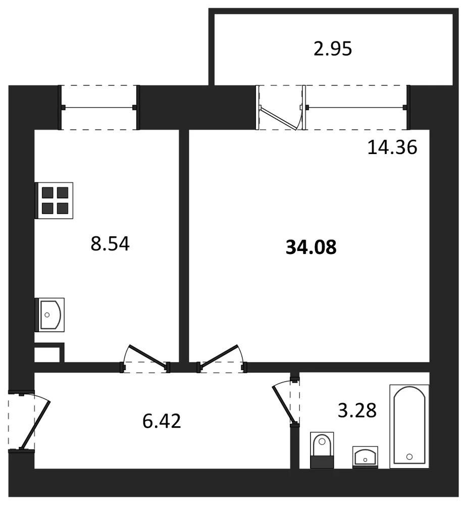 Планировка: 1-комн., 34,1 м²