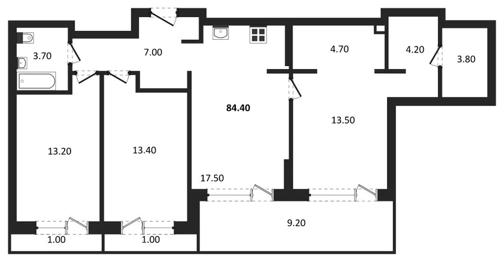 Планировка: 3-комн., 84,4 м²