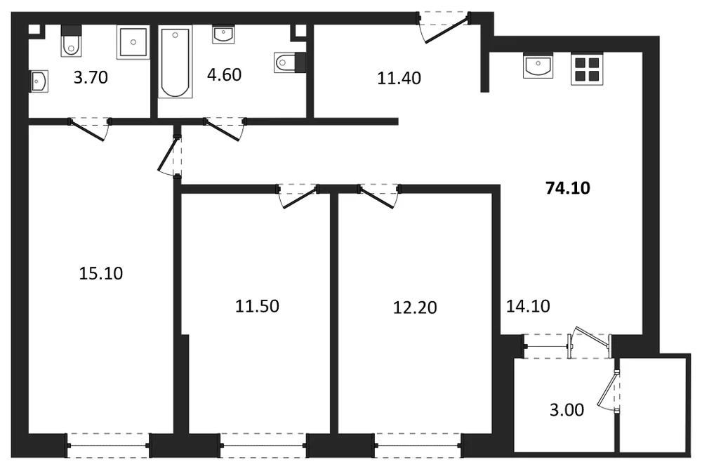 Планировка: 3-комн., 74,1 м²