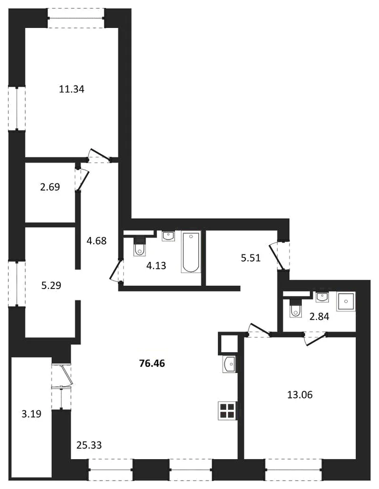 Планировка: 2-комн., 76,5 м²