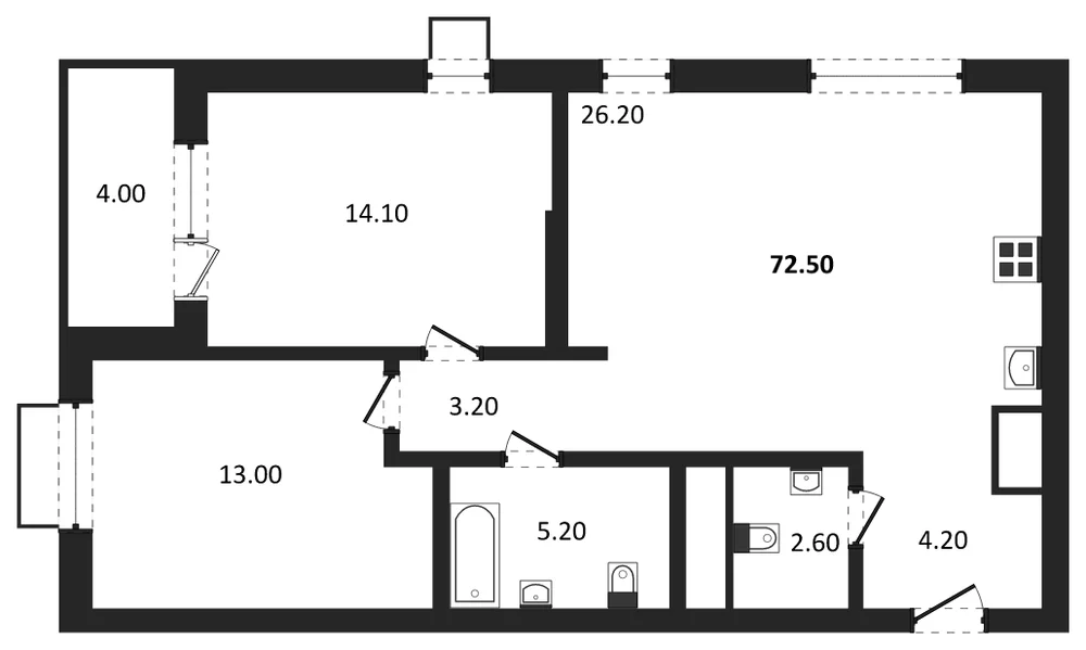 Планировка: 2-комн., 72,5 м²