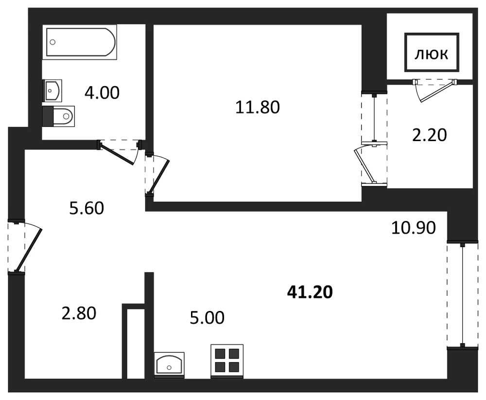 Планировка: 2-комн., 41,2 м²