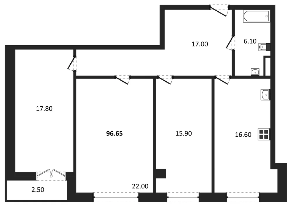 Планировка: 3-комн., 96,7 м²