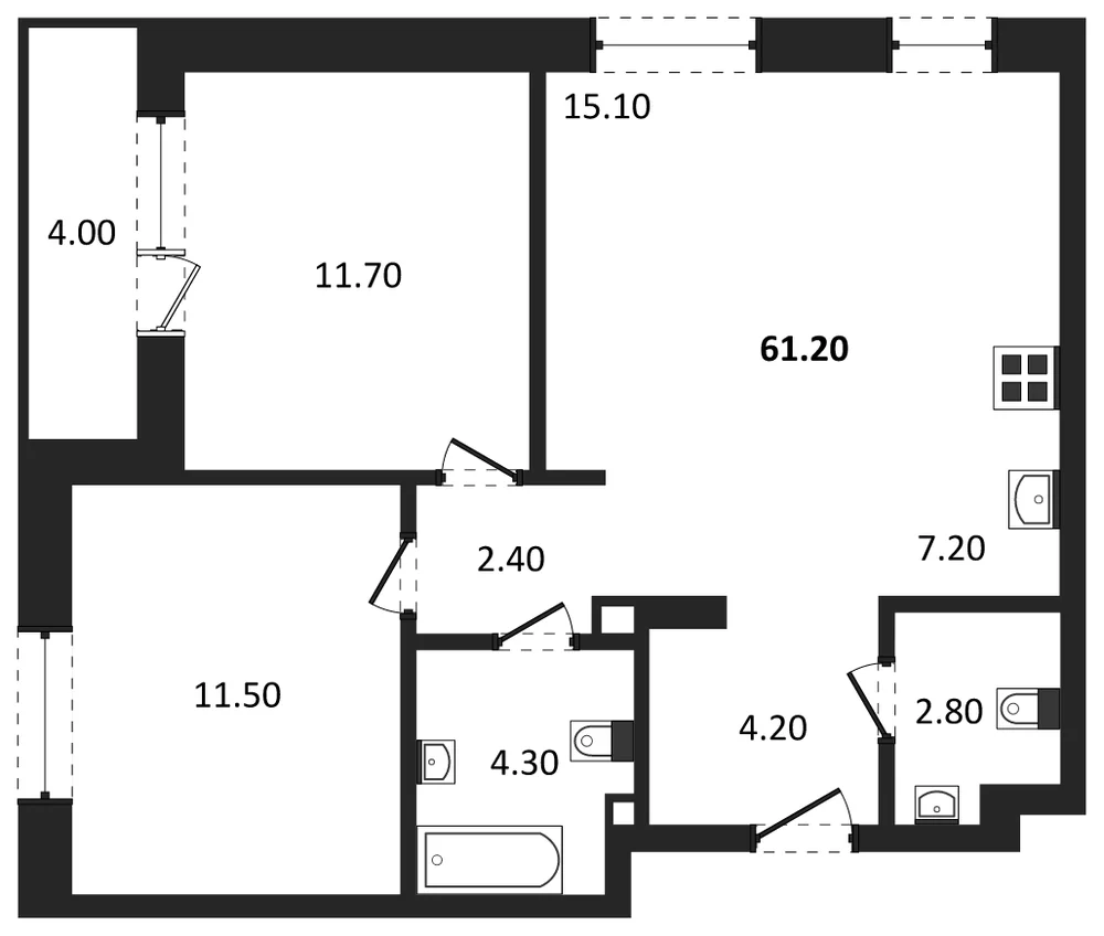 Планировка: 2-комн., 61,2 м²