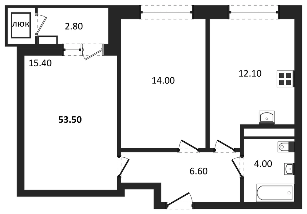 Планировка: 2-комн., 53,5 м²
