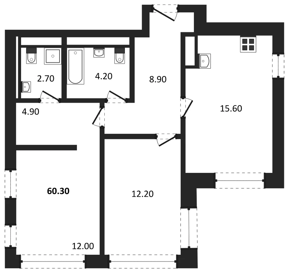 Планировка: 2-комн., 60,3 м²