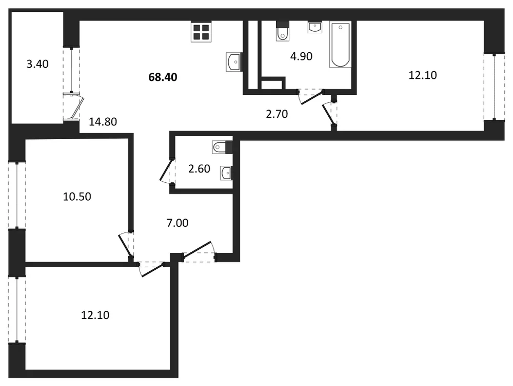 Планировка: 3-комн., 68,4 м²