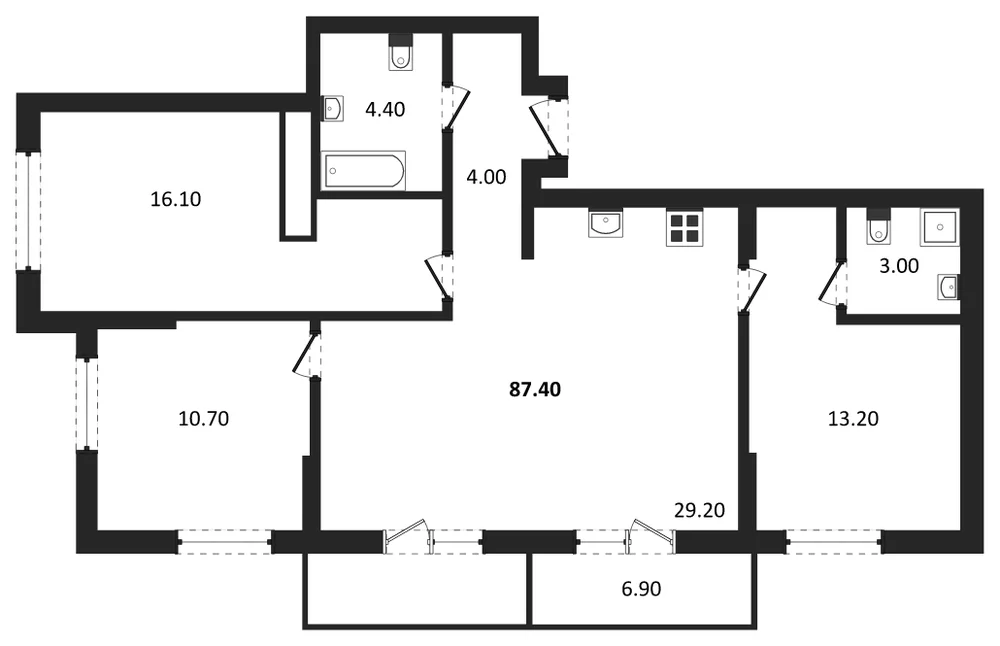 Планировка: 3-комн., 87,4 м²